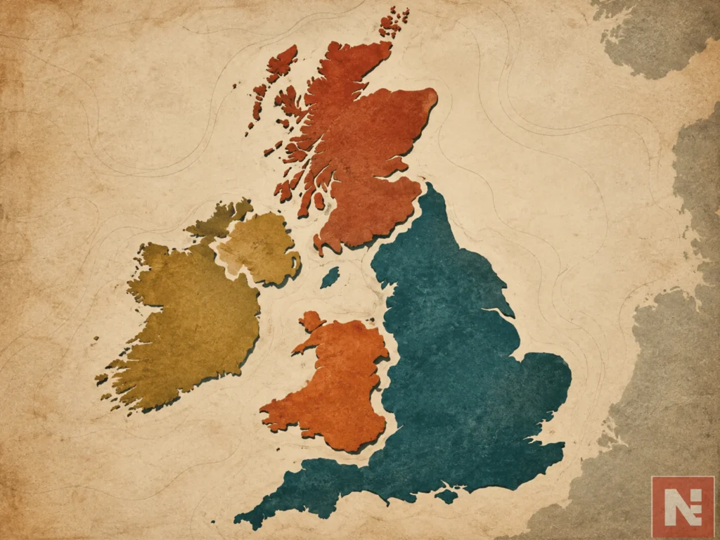 Abstract warm toned illustration of four landmass shapes drifting slightly apart over textured paper.