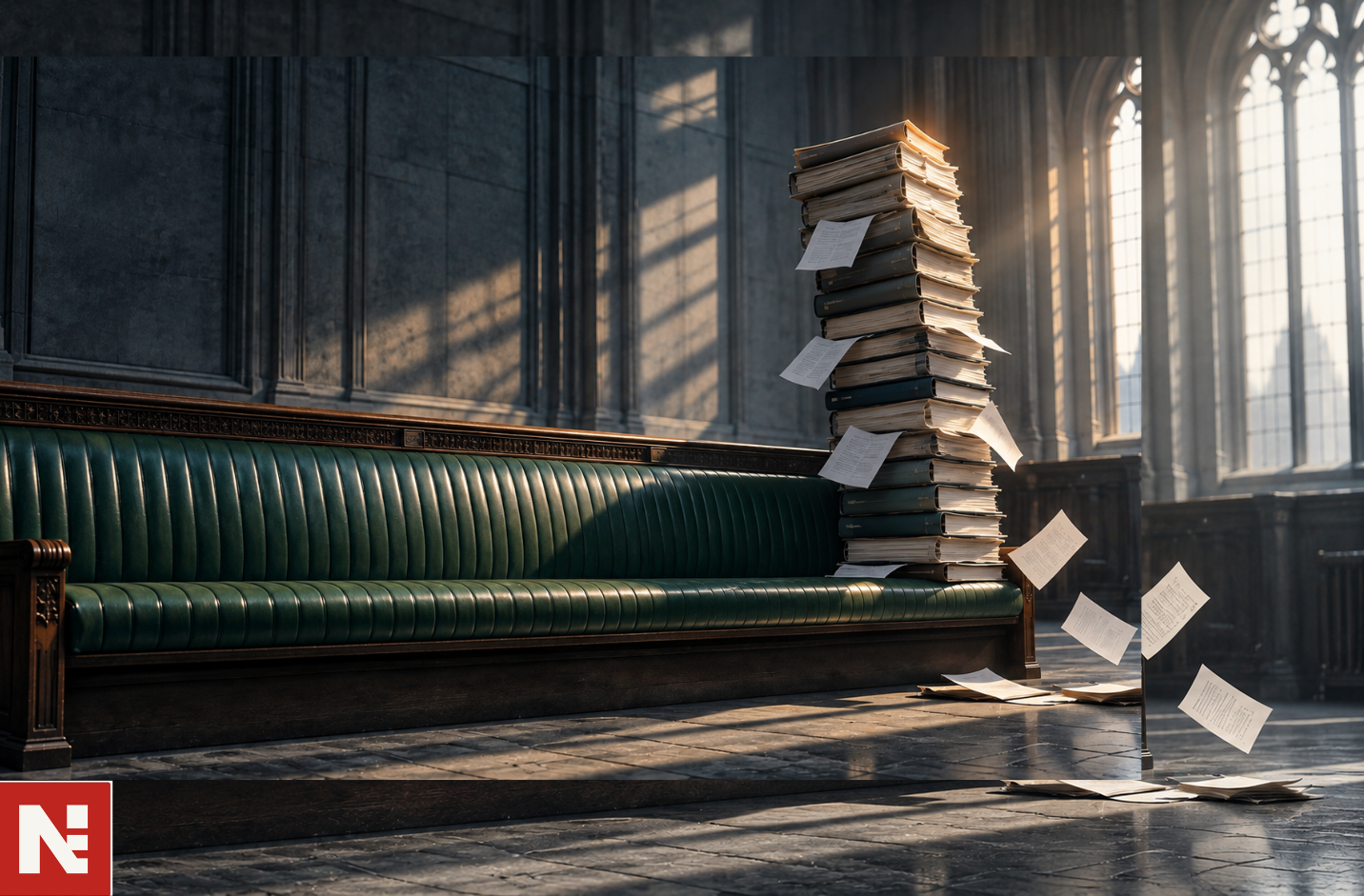 Wide editorial illustration of a long empty parliamentary bench beside a rising column of stacked ledgers, in cool slate and amber light.