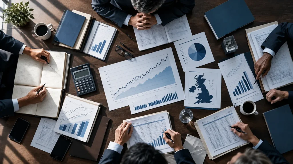 Overhead view of a committee table covered with spending charts, ledgers and a calculator, in muted blues and greys